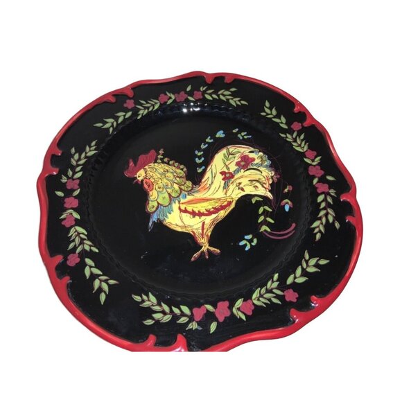 April Cornell Certified International Rooster Plate 10.5" Black Red  Yellow - Picture 1 of 9